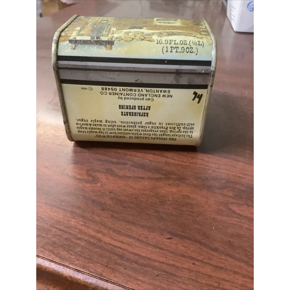 Vintage 1984 Vermont Maple Syrup Log Cabin Metal Empty Tin Container